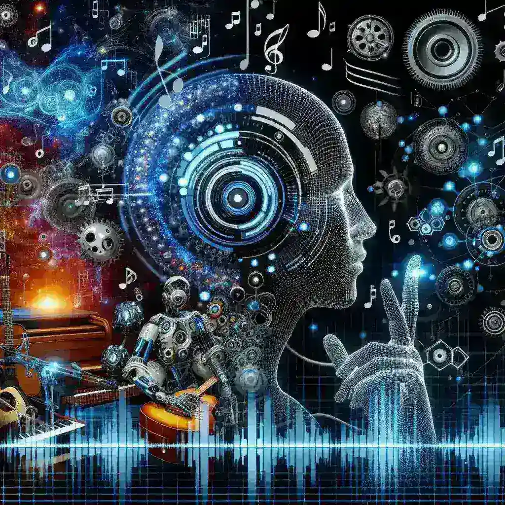 "Artista utilizando inteligencia artificial en producción de audio, representando la revolución tecnológica en la industria musical"