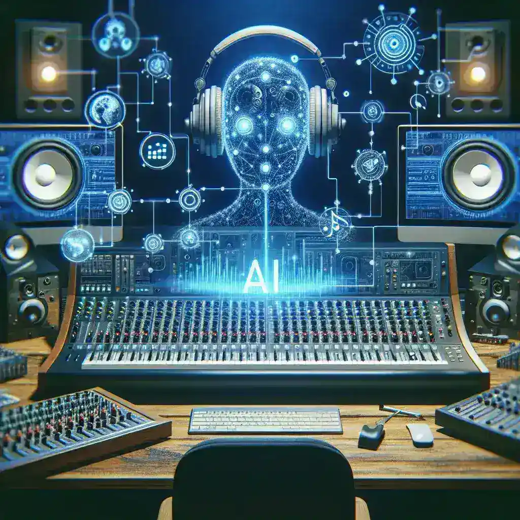 "IA en Música y Producción de Audio: representación gráfica de herramientas tecnológicas innovadoras utilizadas en la industria musical, incluyendo inteligencia artificial, software de edición y equipos modernos, que ilustran la revolución digital en la producción musical."